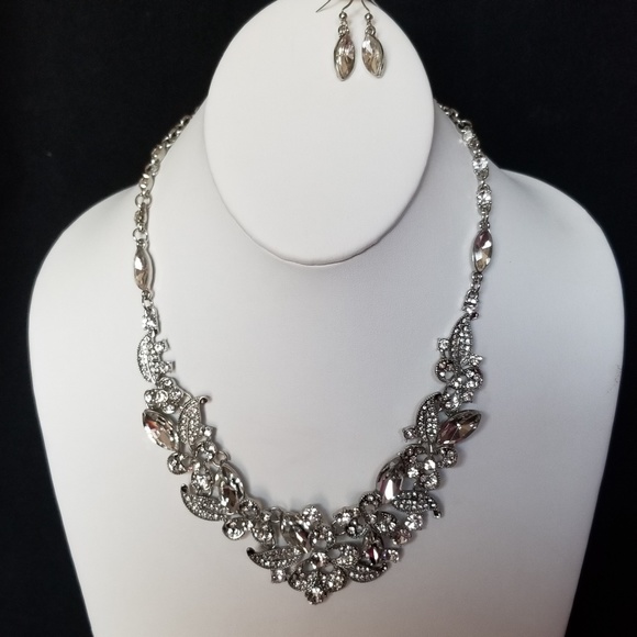 Prom Wedding Rhinestones crystal Necklace Earring Set silver - Picture 4 of 10
